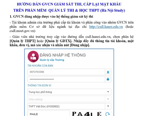 HƯỚNG DẪN GVCN GIÁM SÁT THI, CẤP LẠI MẬT KHẨU  TRÊN PHẦN MỀM  QUẢN LÝ THI & HỌC THPT (Hà Nội Study)