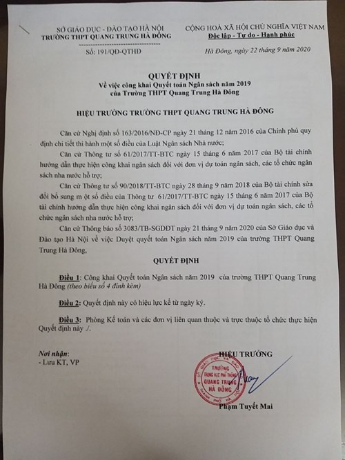 Công khai quyết toán ngân sách năm 2019 trường THPT Quang Trung Hà Đông