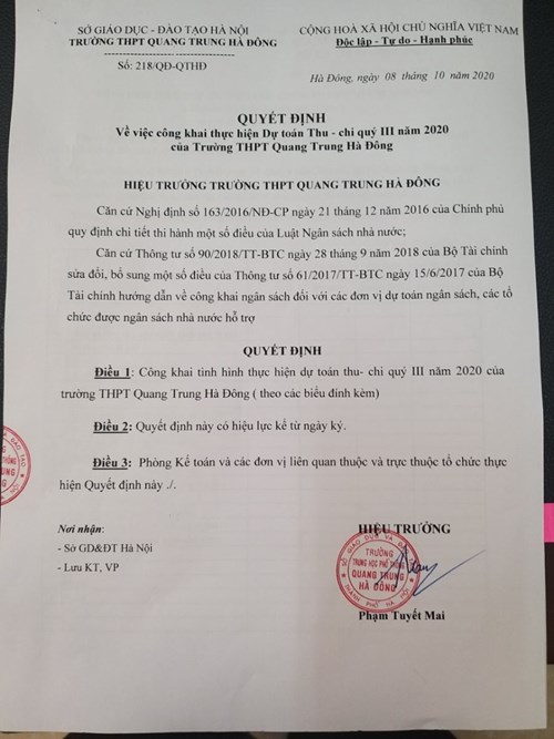 Công khai thực hiện Dự toán Thu - Chi quý III năm 2020 trường THPT Quang Trung Hà Đông